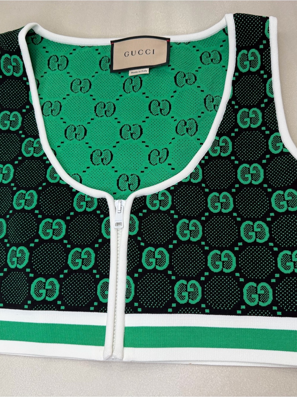Gucci Green & Black GG Zip-Front Knit Tank NWOT Size Large